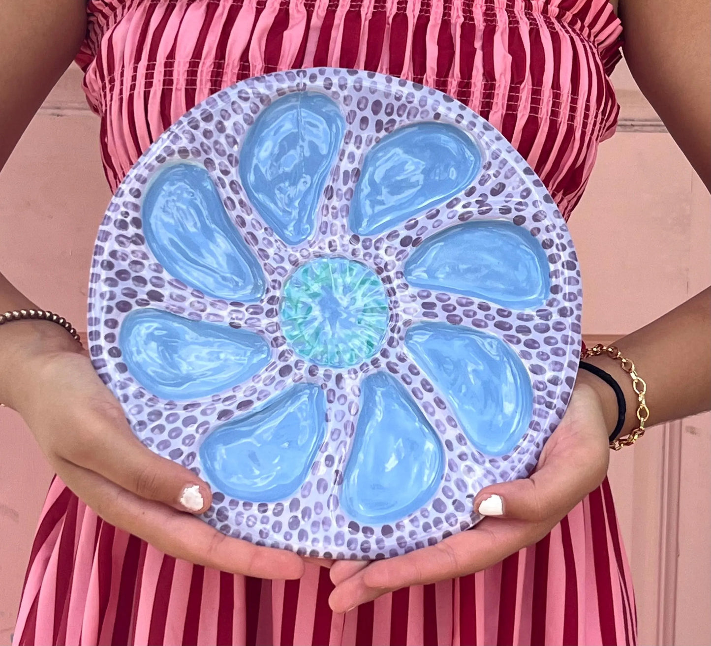 Hand Built Oyster Plate 9" in Lavender Blue and Mint Brush Stroke