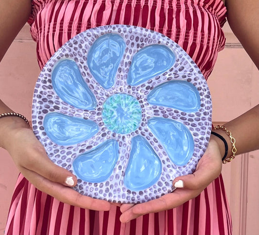 Hand Built Oyster Plate 9" in Lavender Blue and Mint Brush Stroke