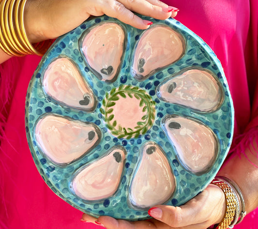 Hand Built Oyster Plate - Blue Brush Stroke