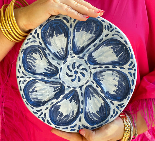 Hand Built Oyster Plate - Blue Dash