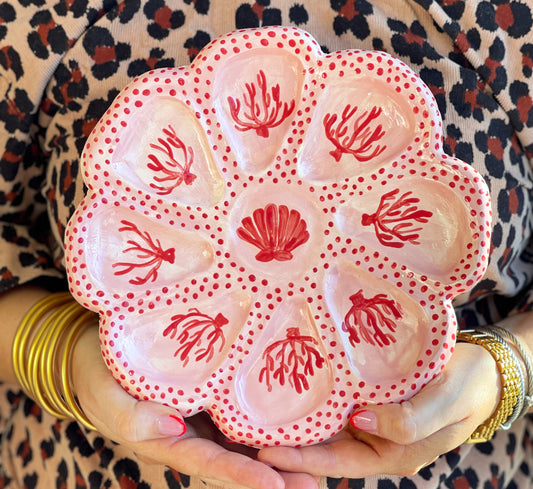 Hand Built Oyster Plate - Pink and Red Coral