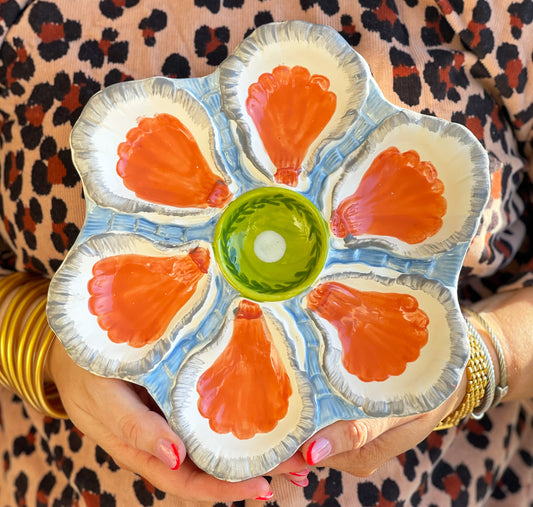 Hand Painted Cast Oyster Plate - Orange and Blue