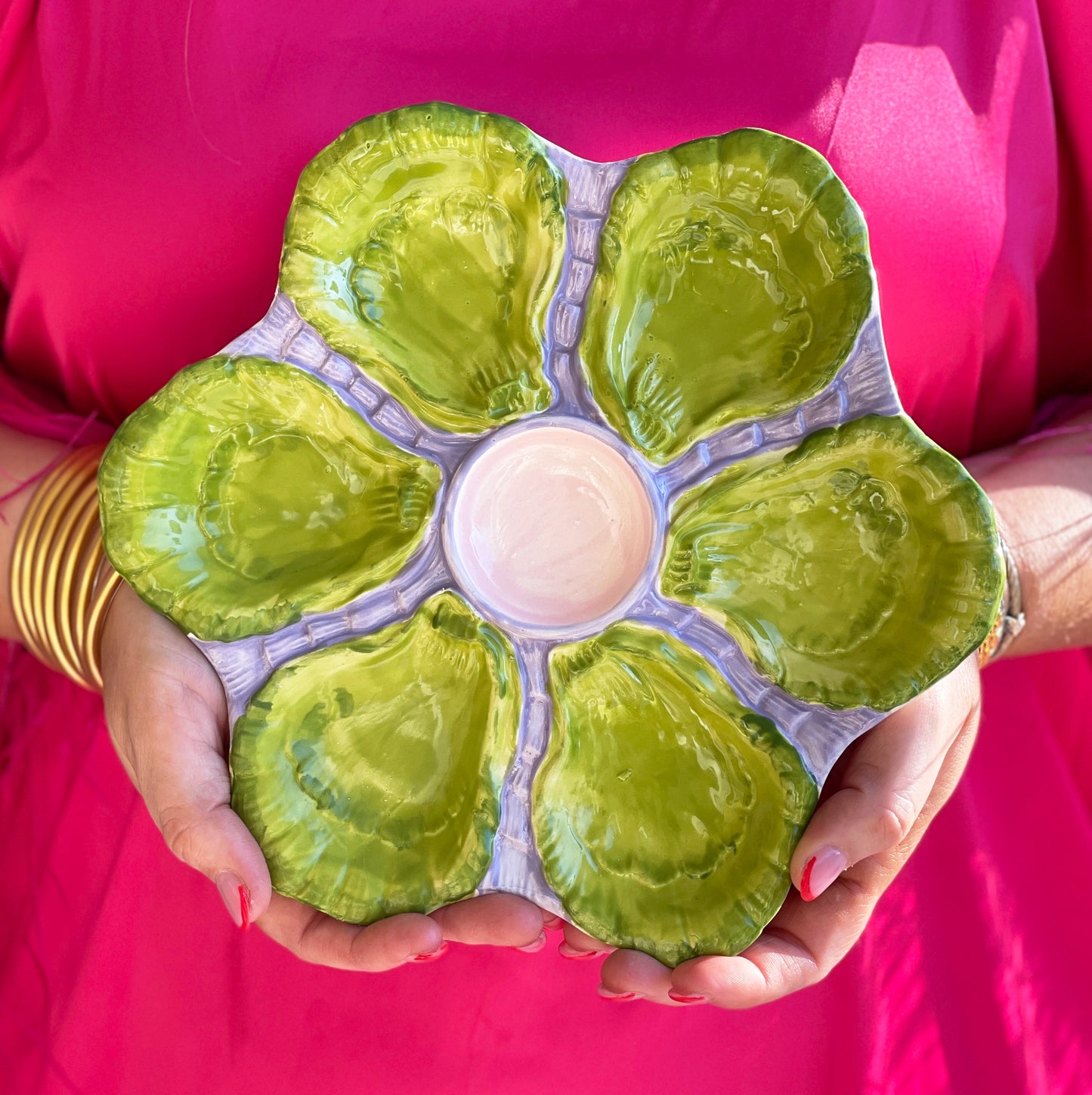 Hand Painted Cast Oyster Plate - Lavender and Chartreuse