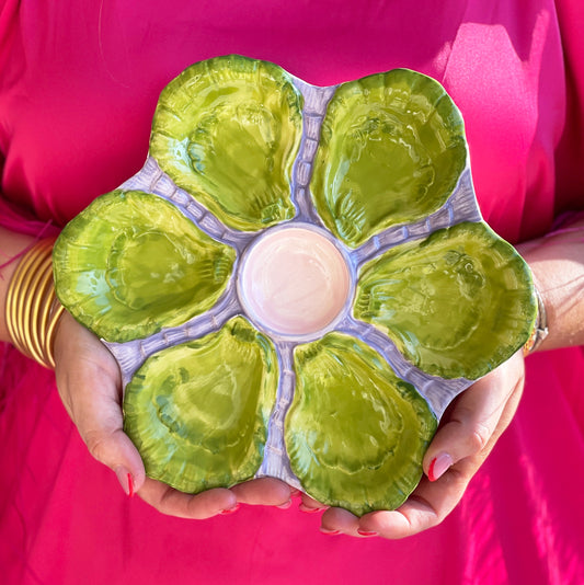 Hand Painted Cast Oyster Plate - Lavender and Chartreuse