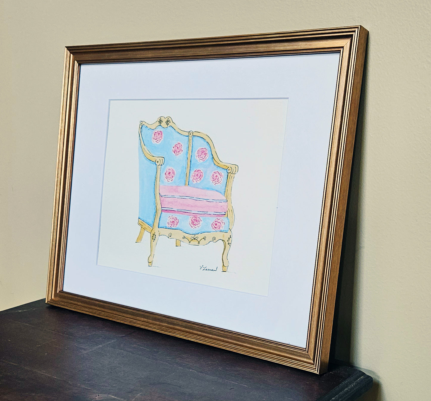 Sitting Pretty - Blue Roses Chair - Watercolor Print by L. Leonard