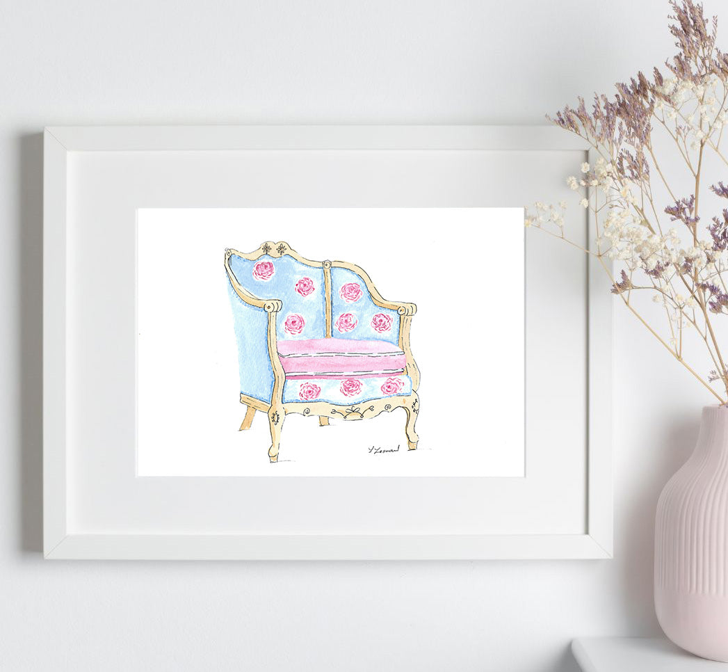 Sitting Pretty - Blue Roses Chair - Watercolor Print by L. Leonard