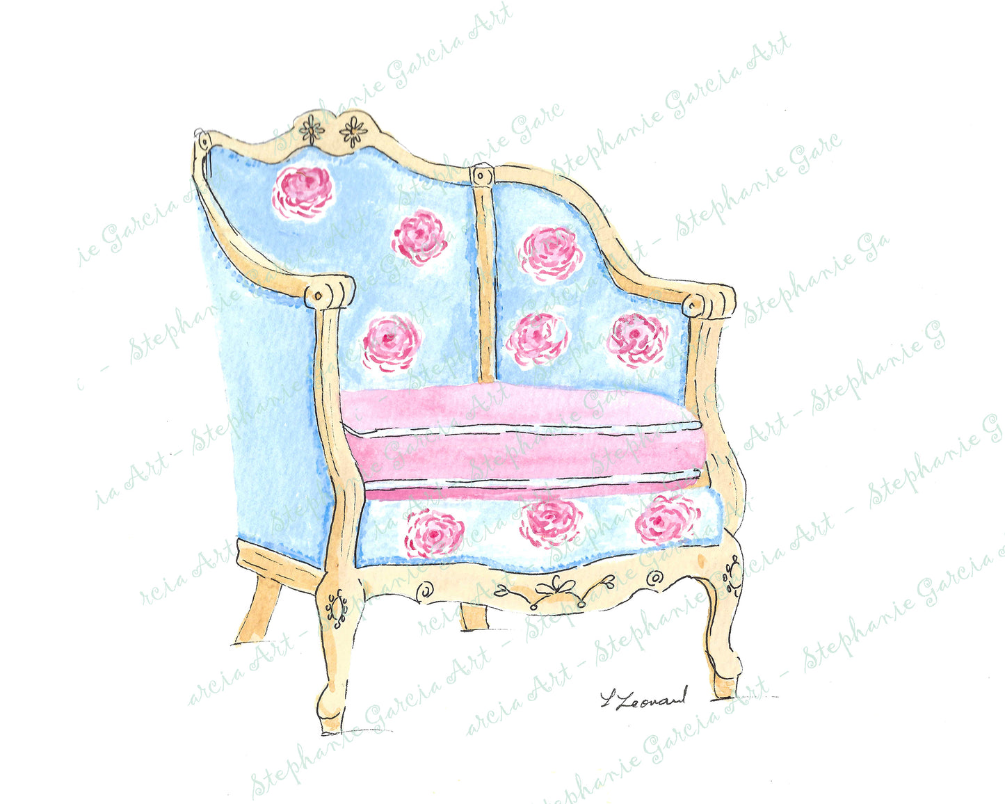 Sitting Pretty - Blue Roses Chair - Watercolor Print by L. Leonard