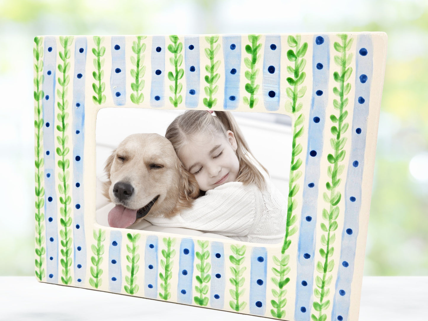 Ceramic Picture Frame - Blue Stripe With Green Vine, Rectangular, Hand Painted