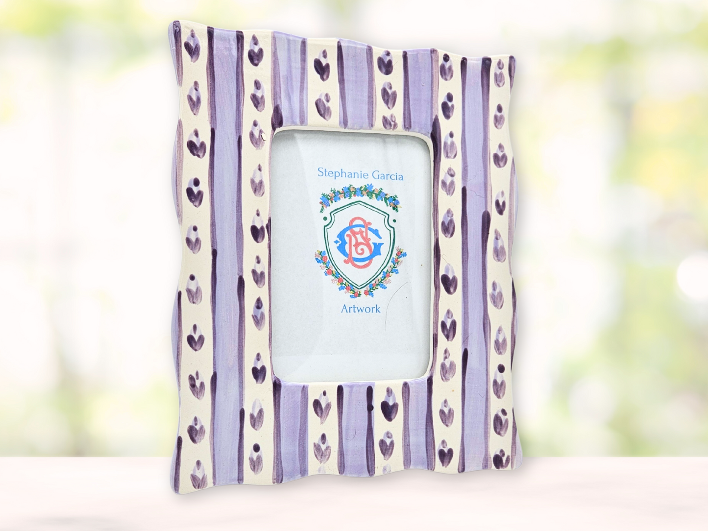 Wavy Edge Picture Frame - Lavender Striped Floral, Ceramic, Hand Painted