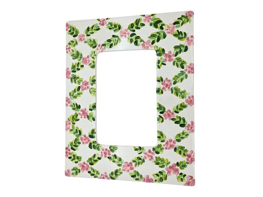 Ceramic Picture Frame - Pink Floral with Green Lattice, Rectangular, Hand Painted