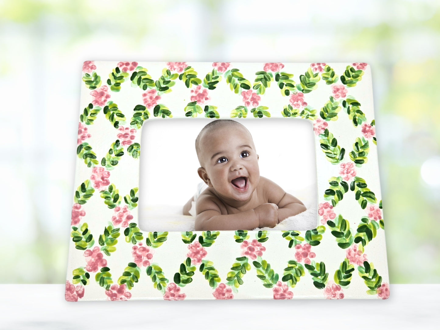 Ceramic Picture Frame - Pink Floral with Green Lattice, Rectangular, Hand Painted