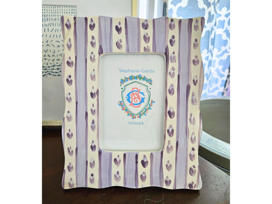 Wavy Edge Picture Frame - Lavender Striped Floral, Ceramic, Hand Painted