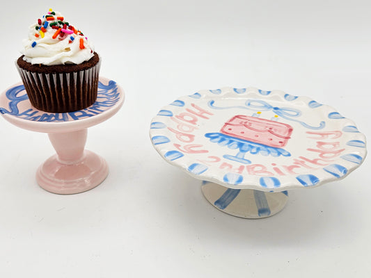 Birthday Smash Cake Pedestal Ruffled - Cake Bow and Brush Stroke Border, Smash Cake Stand, Personalized