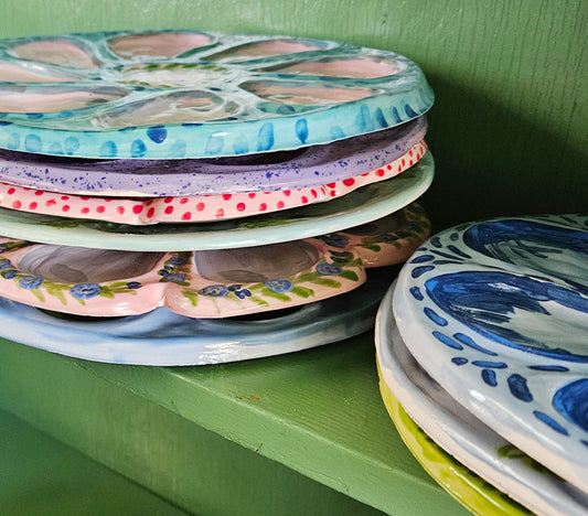 Hand Built Oyster Plate - Blue Dash