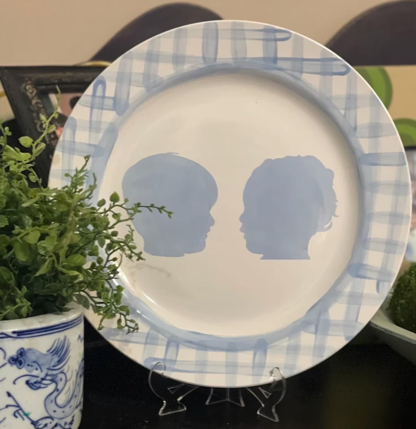 The Original Sibling Silhouette Plate with Gingham Border