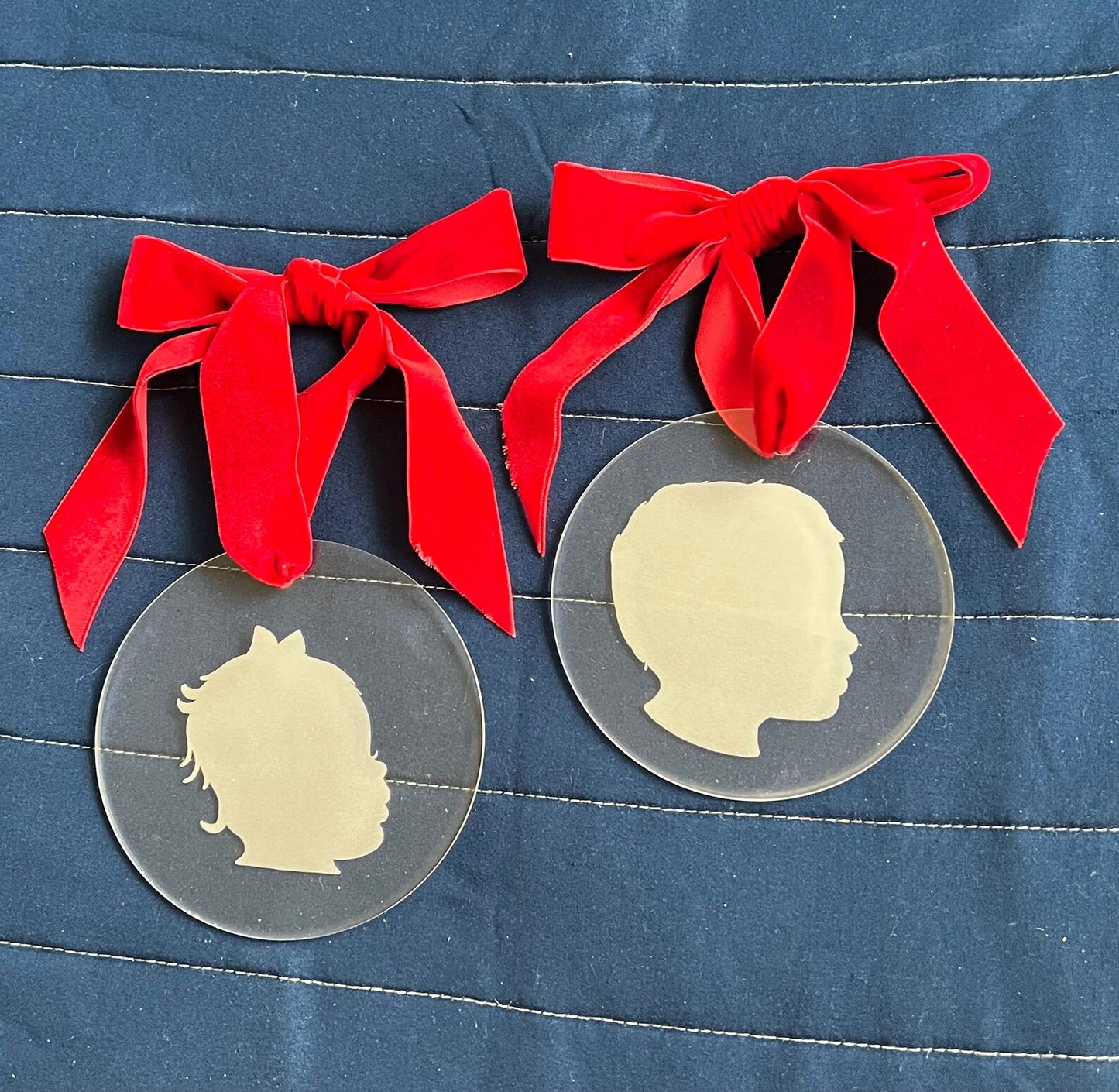 Clear silhouette ornament with velvet ribbon