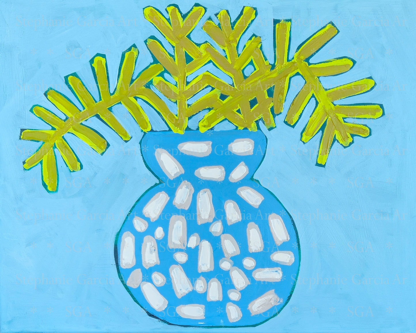 Canvas Print, Yellow Fern in a Blue Bowl, Floral Art