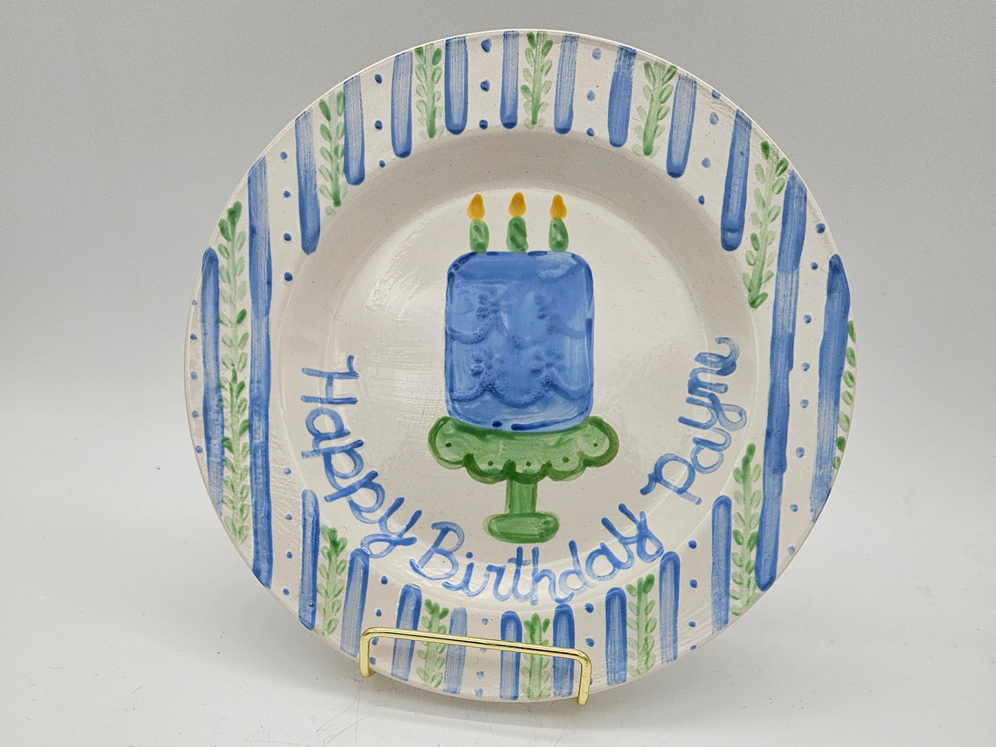 Birthday Plate -Blue Dotted Stripes and Vines Border With Cake