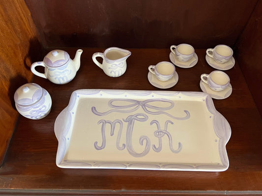 Child's Ceramic Tea Set - Hand Painted Tea Set, Tea Party Play, Lavender Bow, Pretend Play, Keepsake Gifts (Copy)