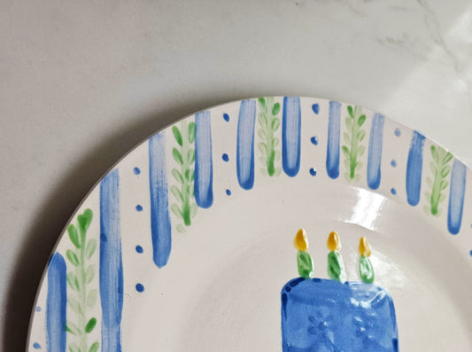 Birthday Plate -Blue Dotted Stripes and Vines Border With Cake