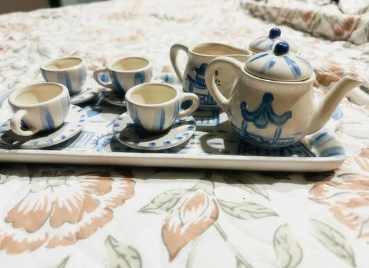 Child's Ceramic Tea Set - Hand Painted Tea Set, Tea Party Play, Chinoiserie Print, Pretend Play, Keepsake Gifts