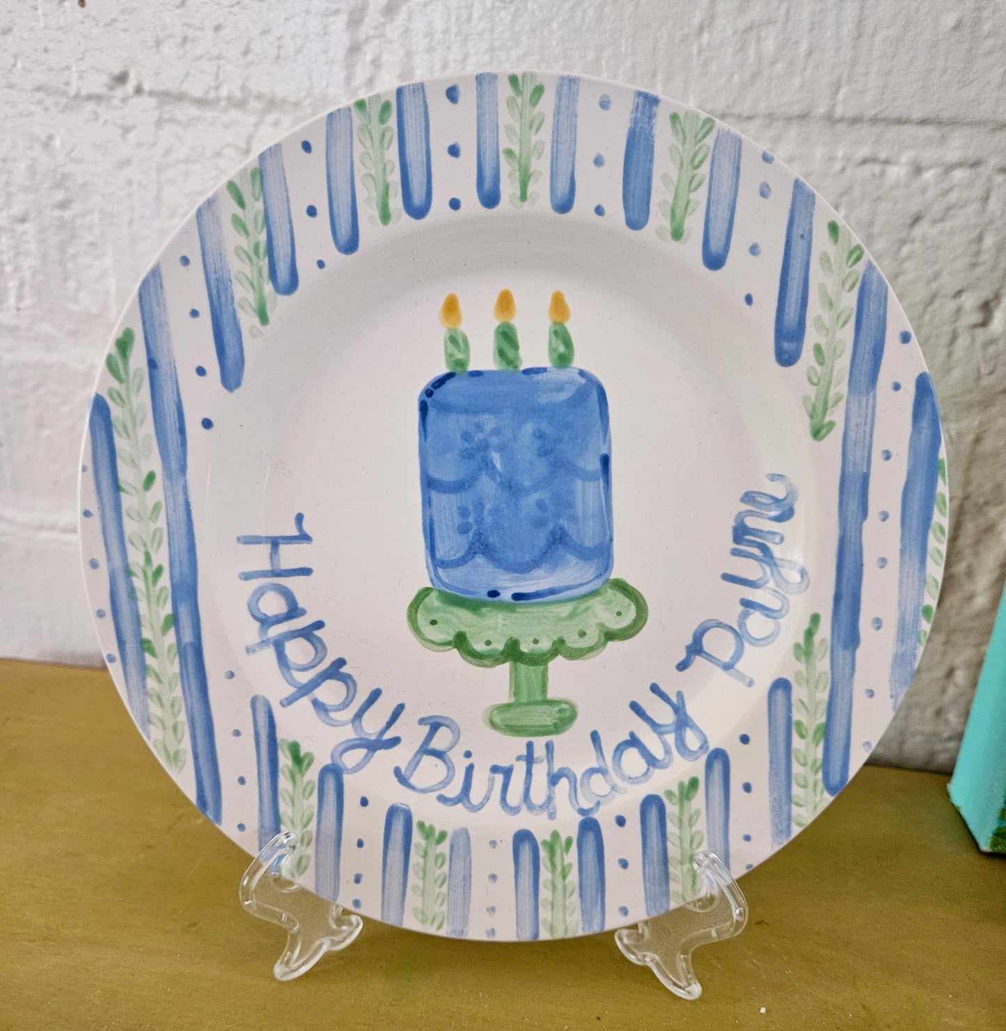 Birthday Plate -Blue Dotted Stripes and Vines Border With Cake