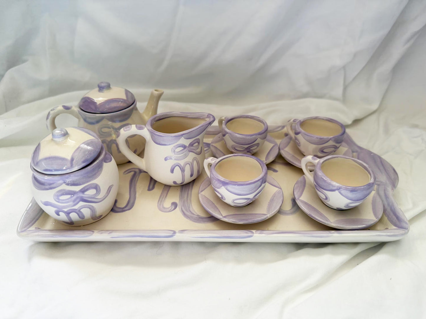 Child's Ceramic Tea Set - Hand Painted Tea Set, Tea Party Play, Lavender Bow, Pretend Play, Keepsake Gifts (Copy)