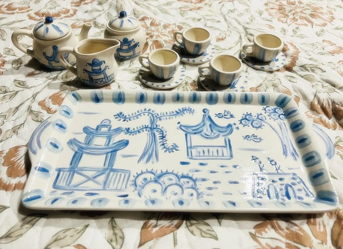 Child's Ceramic Tea Set - Hand Painted Tea Set, Tea Party Play, Chinoiserie Print, Pretend Play, Keepsake Gifts