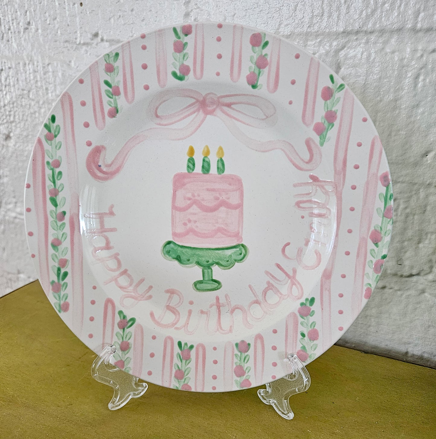 Birthday Plate - Pink Floral Vines and Stripes Border With Cake