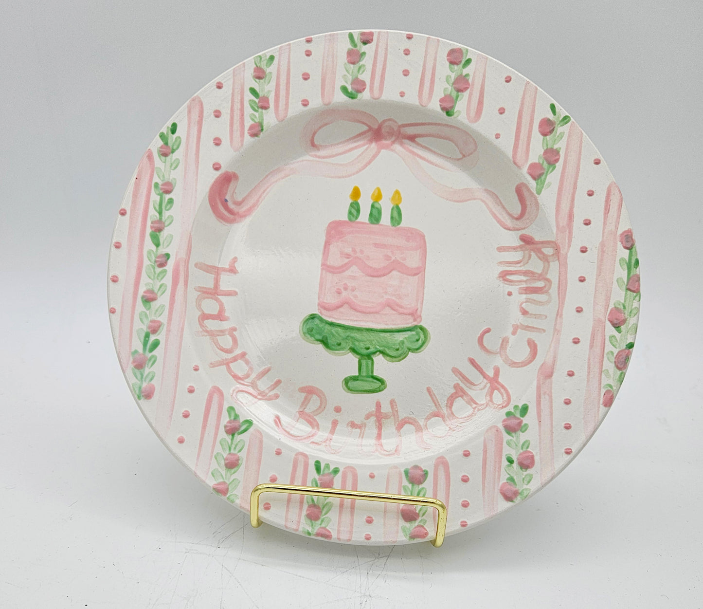 Birthday Plate - Pink Floral Vines and Stripes Border With Cake
