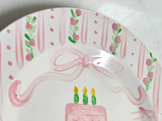 Birthday Plate - Pink Floral Vines and Stripes Border With Cake