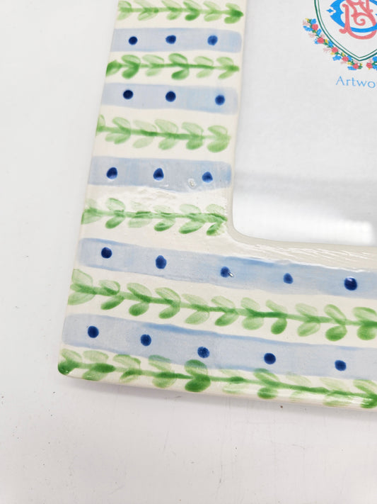 Ceramic Picture Frame - Blue Stripe With Green Vine, Rectangular, Hand Painted