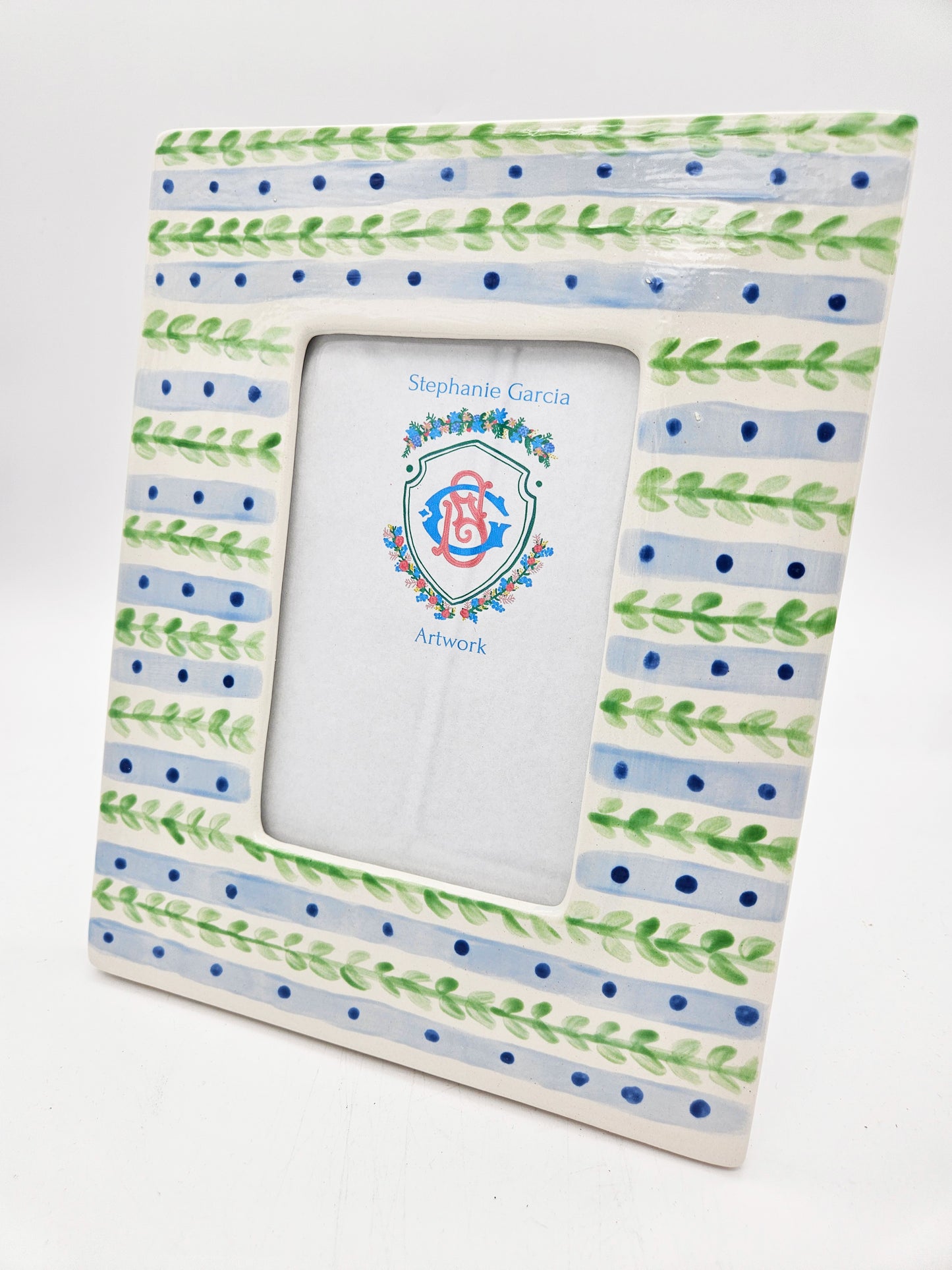 Ceramic Picture Frame - Blue Stripe With Green Vine, Rectangular, Hand Painted
