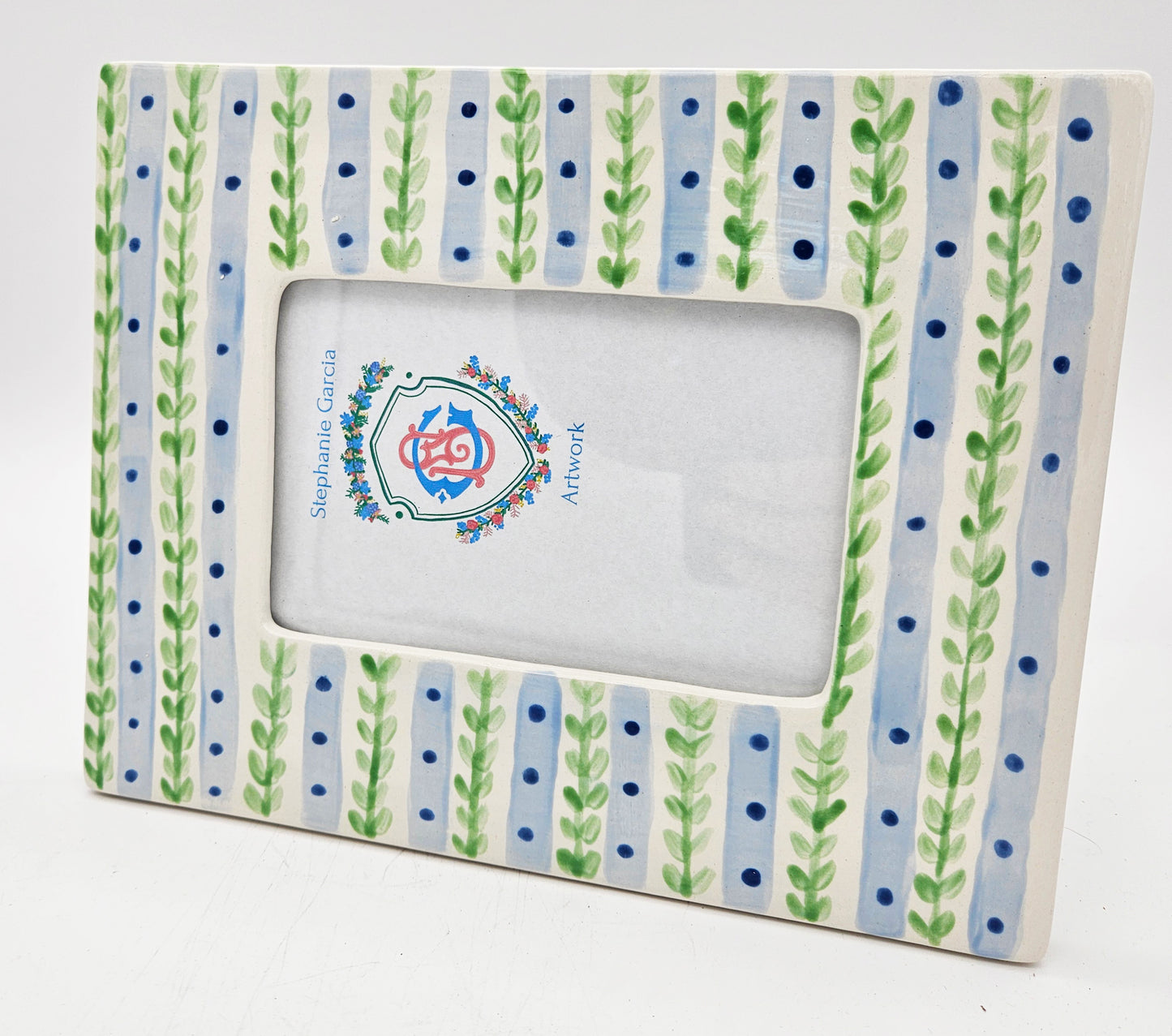 Ceramic Picture Frame - Blue Stripe With Green Vine, Rectangular, Hand Painted