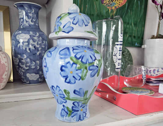 Blue Daisies Ginger Jar - 12” Blue Whimsical