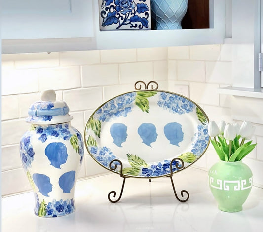 The Original Silhouette Platter - Hydrangea and Leaf Border - Gold Rim - 15"