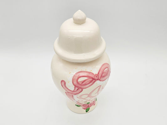 Hand Painted Monogram Ginger Jar 12" Bow With Floral Accent