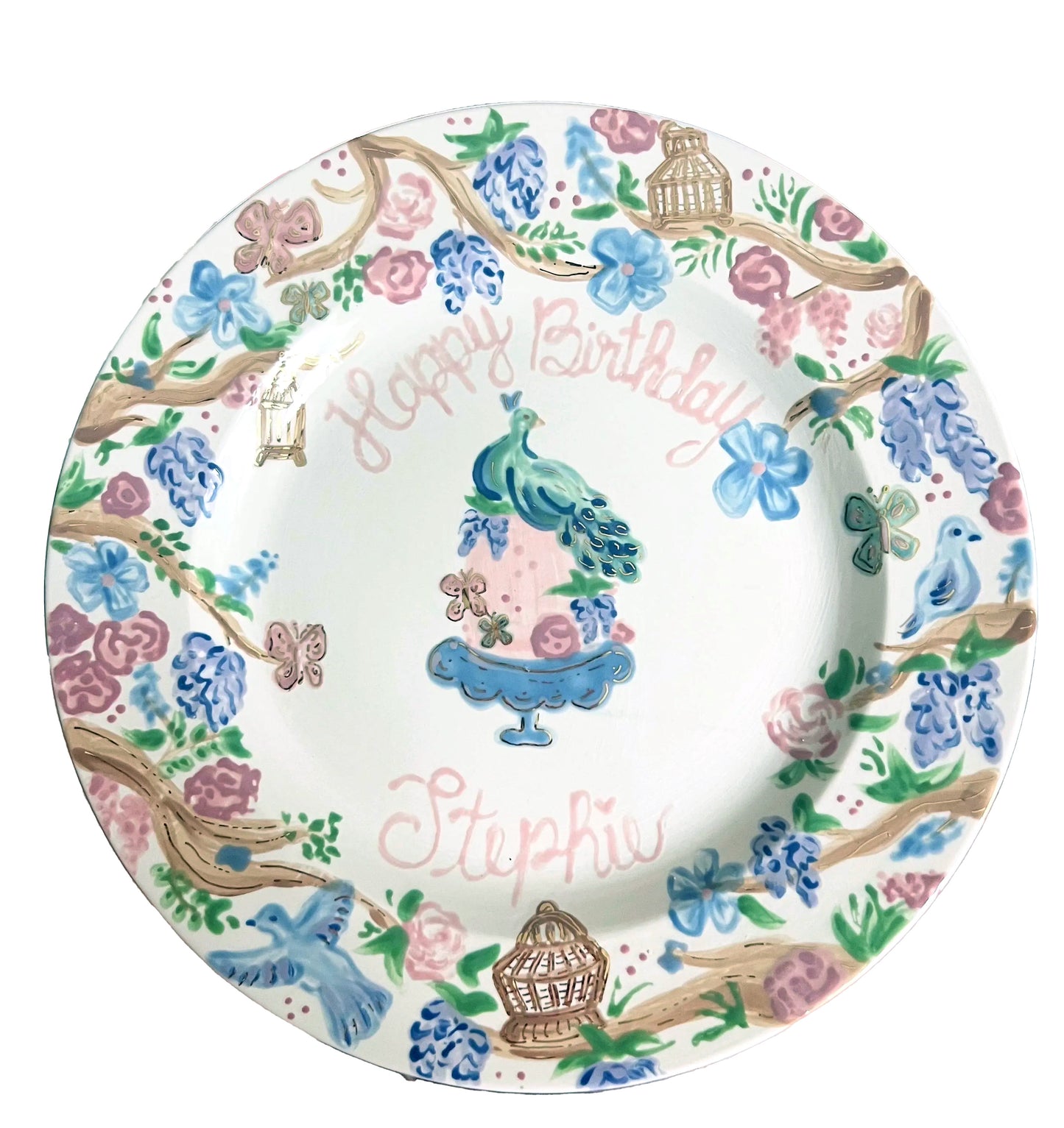 Birthday Plate - Pastel Chinoiserie Motif with 12K Gold Accents Design