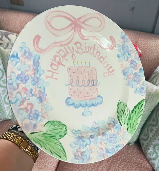 Birthday Plate - Cake and Hydrangea Border- Second Design