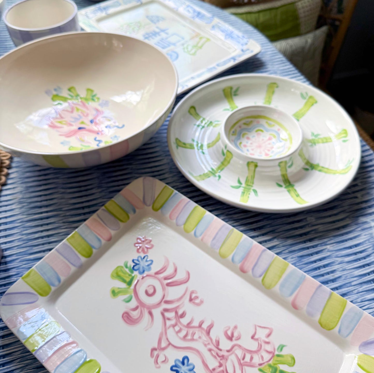 Handpainted Mahjong Serving Platter 15” Rectangle