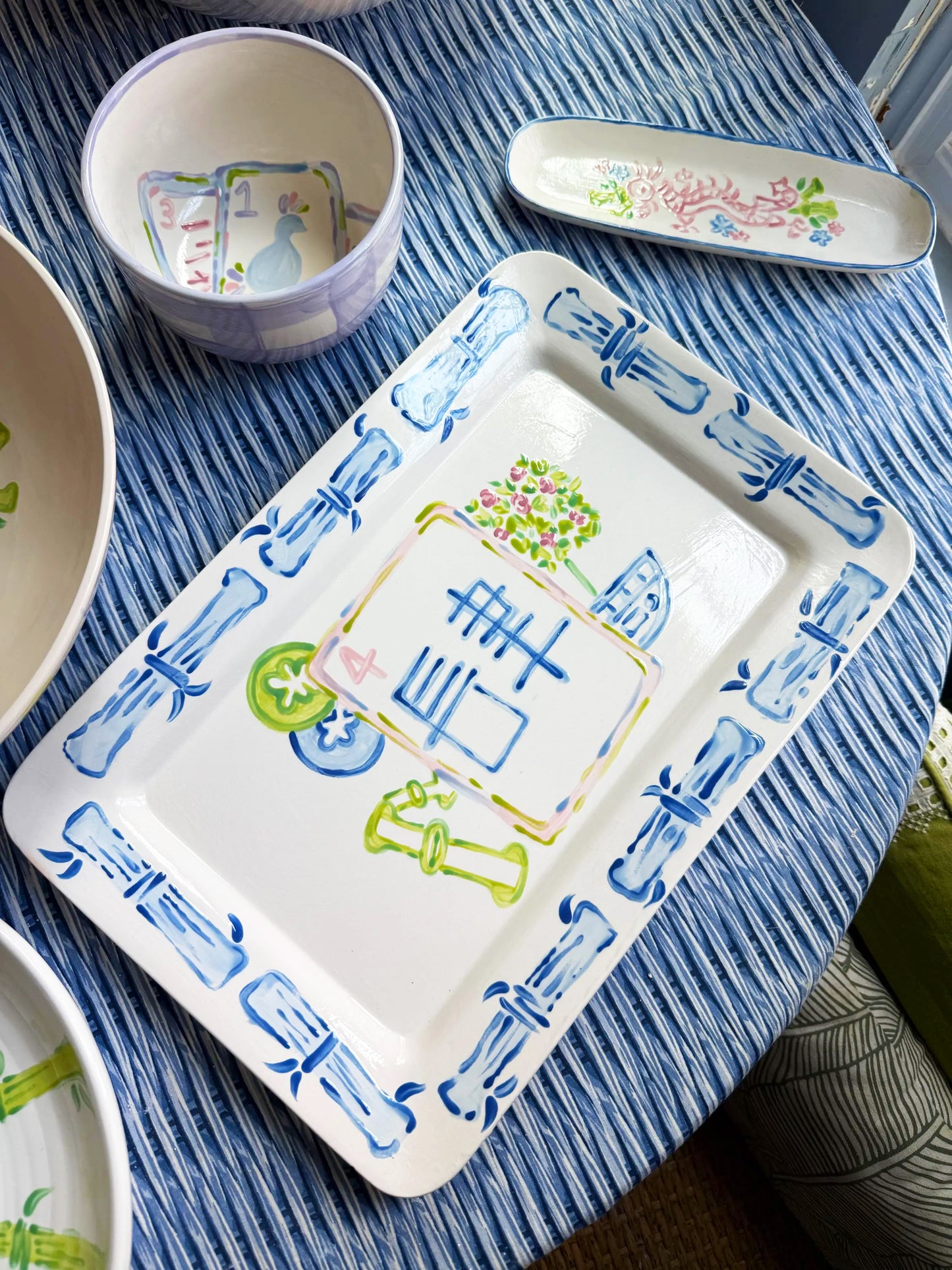 Handpainted Mahjong Serving Platter 15” Rectangle - Design 2