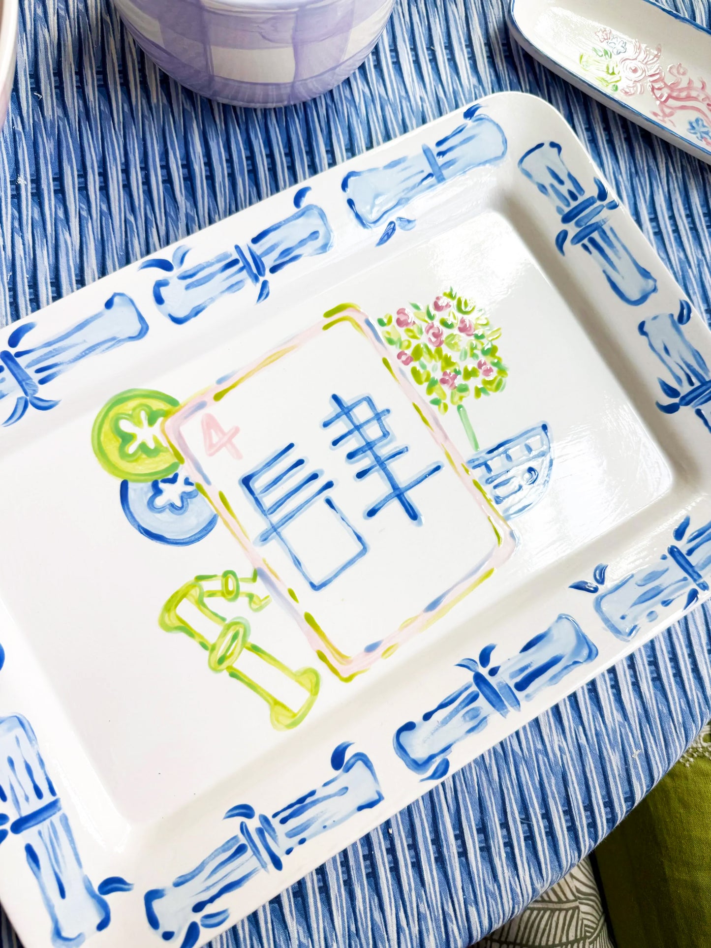 Handpainted Mahjong Serving Platter 15” Rectangle - Design 2