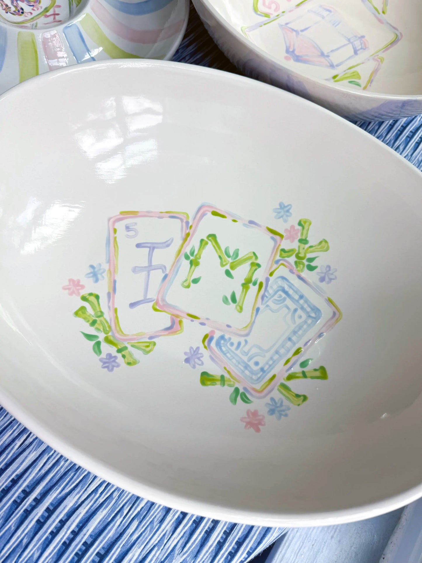 Hand painted Mahjong Serving Bowl Large