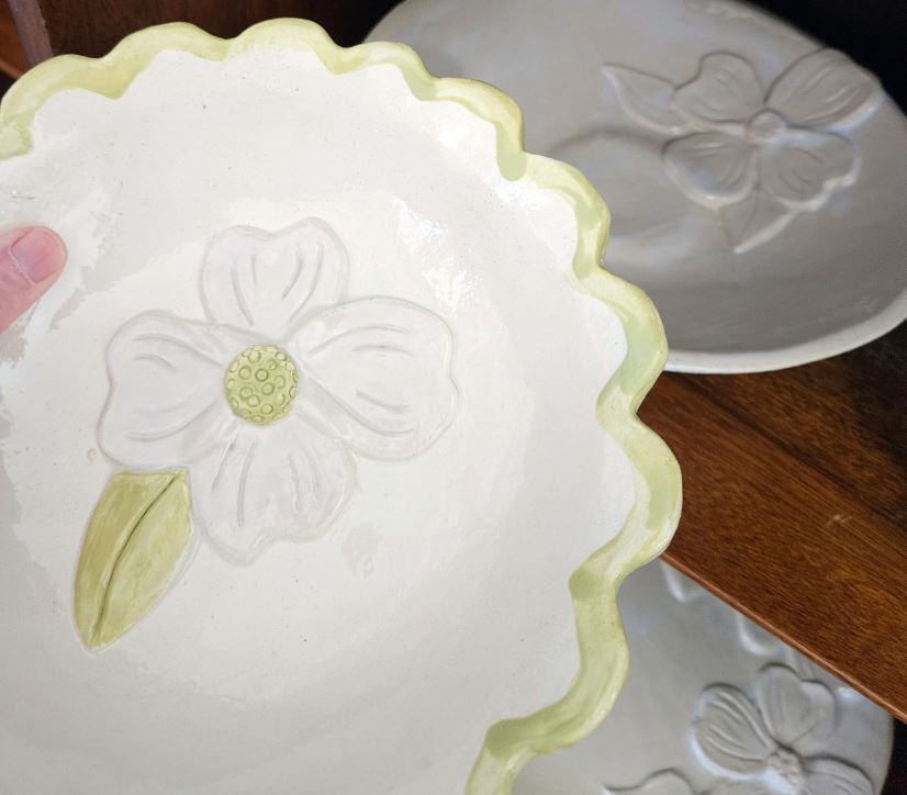 Scalloped Edge Dogwood Bowl - Hand Built Artisan Pottery