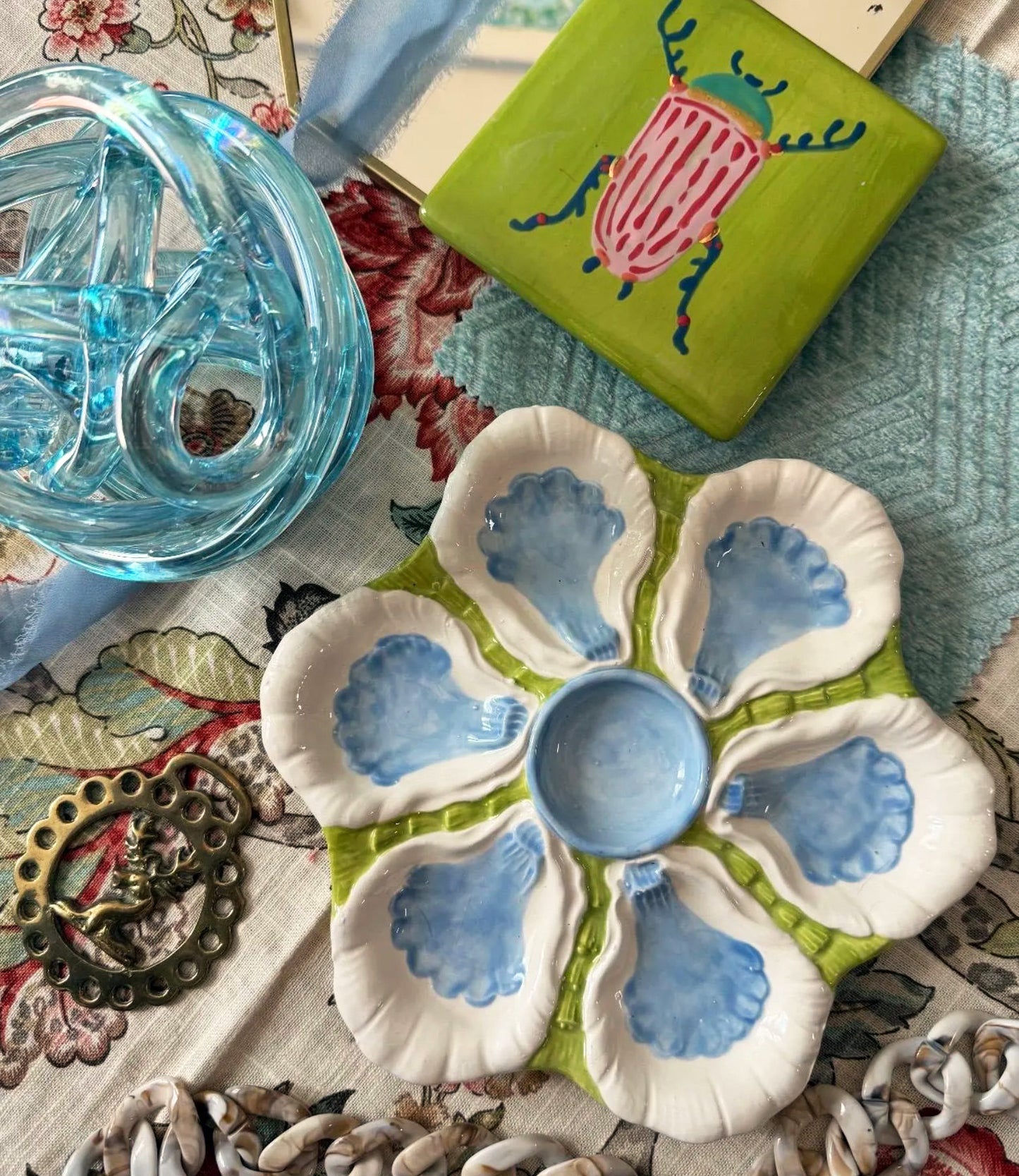 Hand Painted Cast Oyster Plate - Chartreuse and Pale Blue