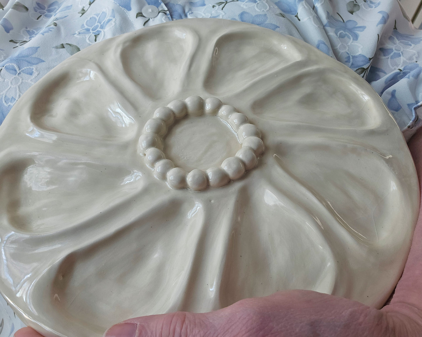Oyster Plate 11 - White With Beaded Center - Artisan Pottery
