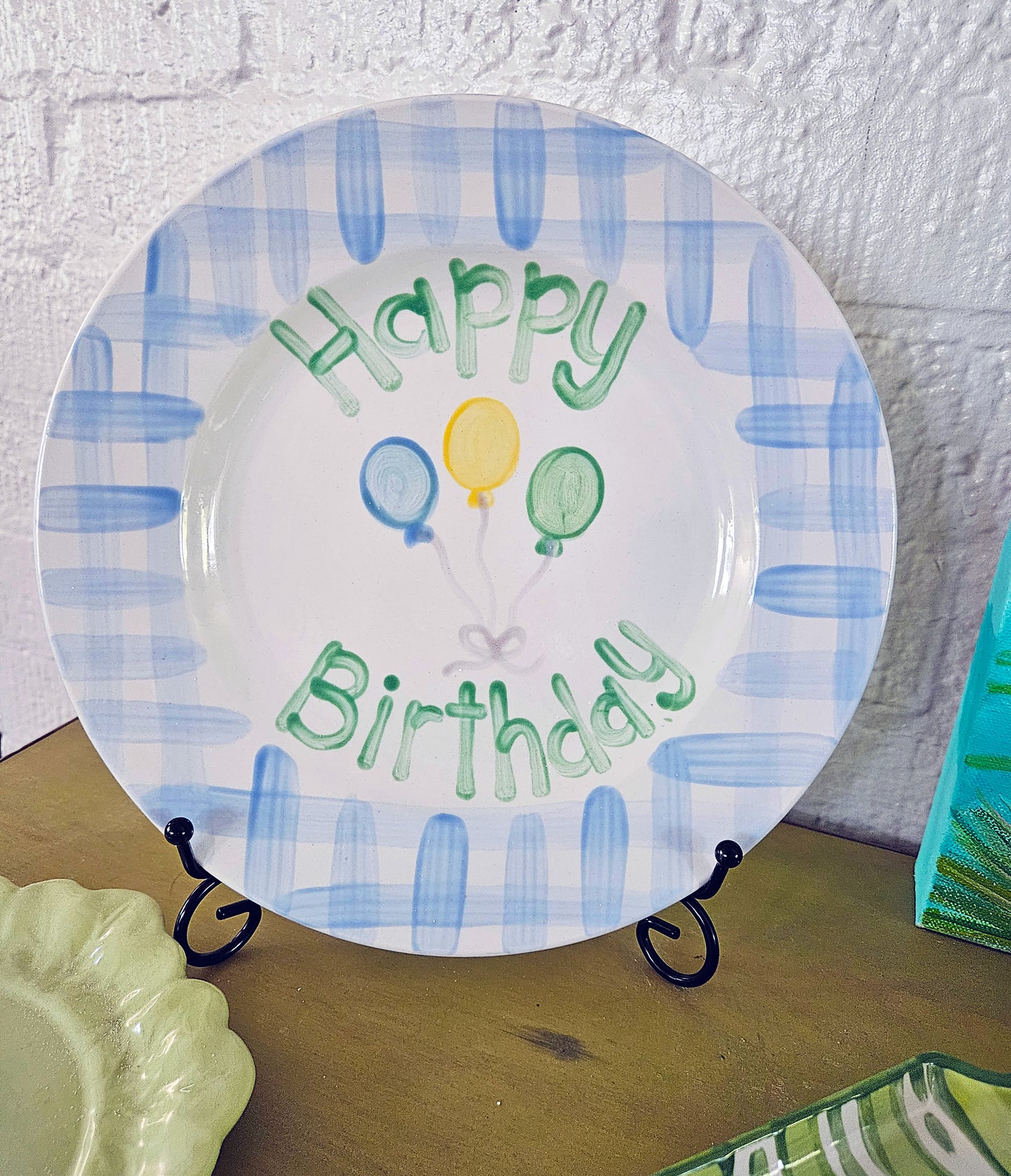 Birthday Plate - Blue Gingham Colorful Balloons Design