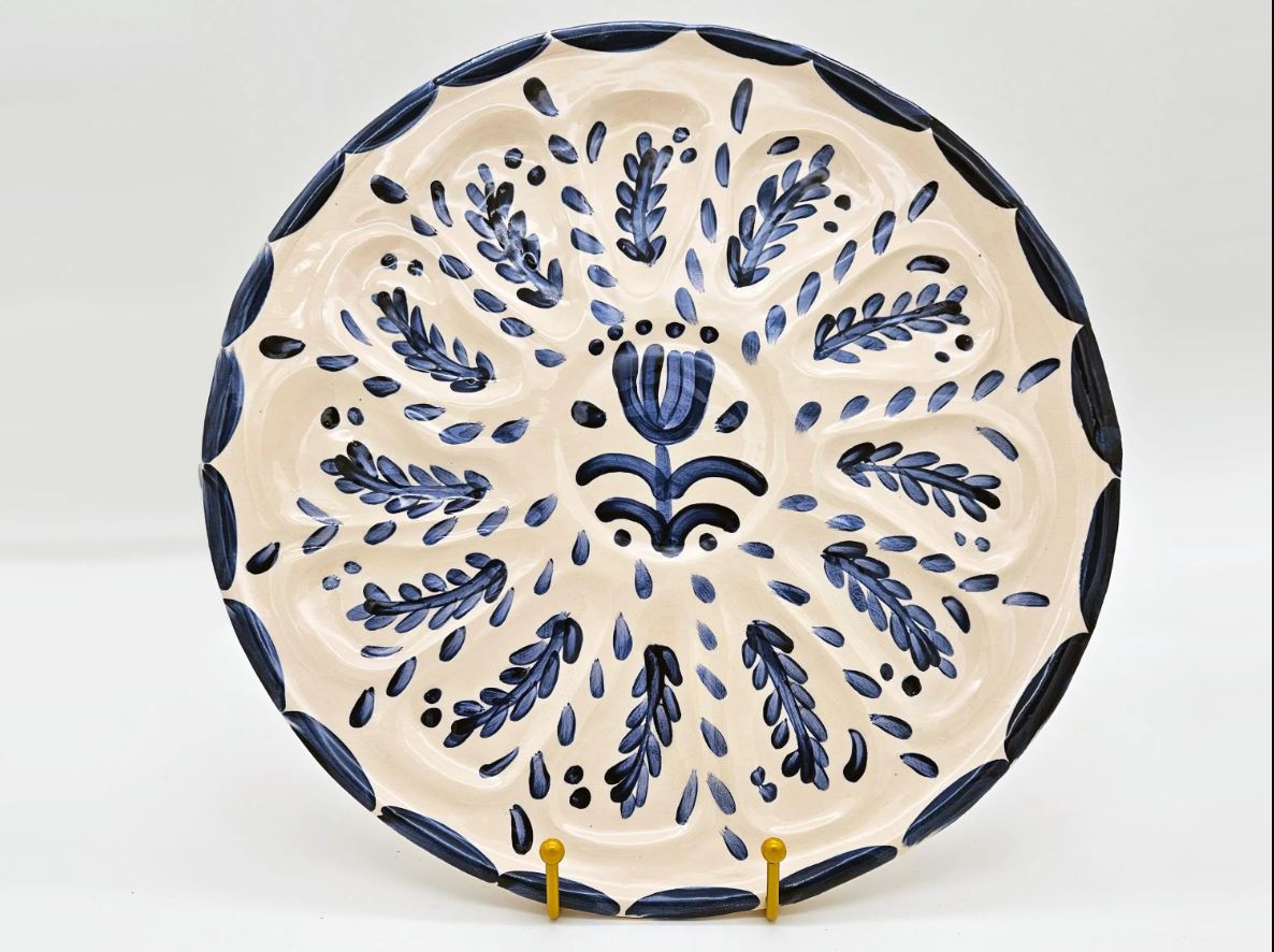 Hand Built Oyster Platter - Large 13", Twelve Wells, Talavera Inspired