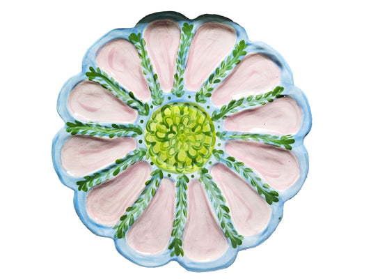 Hand Built Oyster Platter - Hand Built Oyster Platter - Medium 11", Twelve Wells, Blue Pink Green
