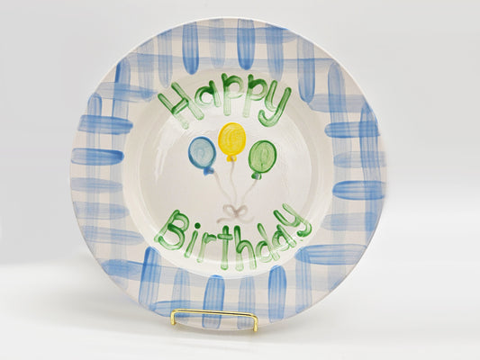 Birthday Plate - Blue Gingham Colorful Balloons Design
